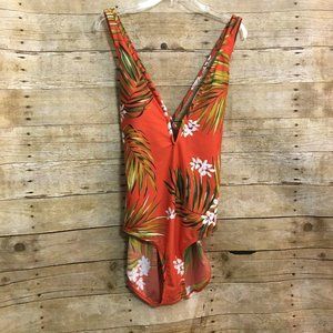 Kona Sol Size XL One Pc Swimsuit Plunge Lace up Back Orange Tropical Floral NWT
